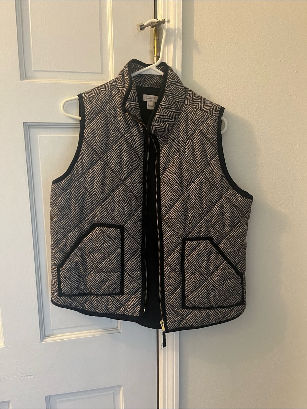 J. Crew Factory Black & Cream Quilted Herringbone Vest with Trim
